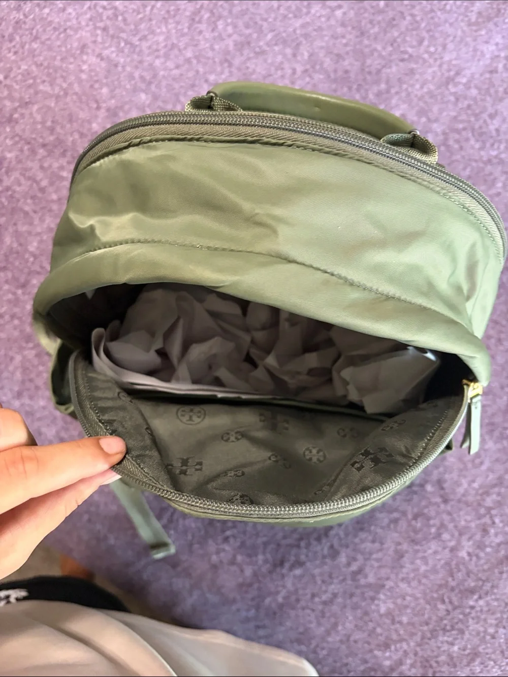 Tory Burch Sage Green Nylon Backpack with Logo Medallion